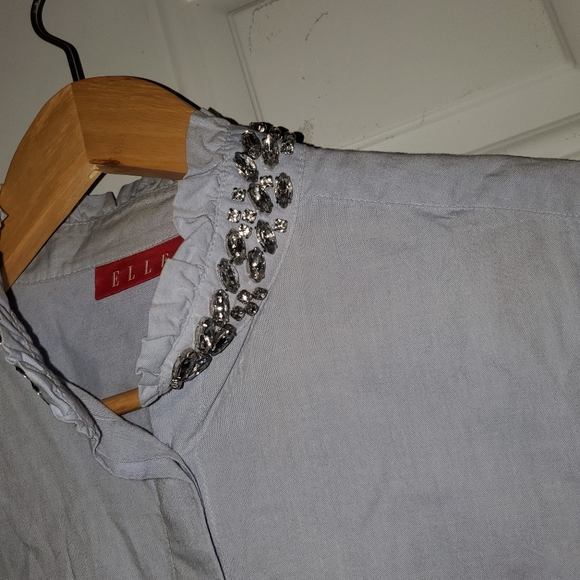 Elle Rinestone Neckline Career Blouse Blue Business Casual - Picture 4 of 9